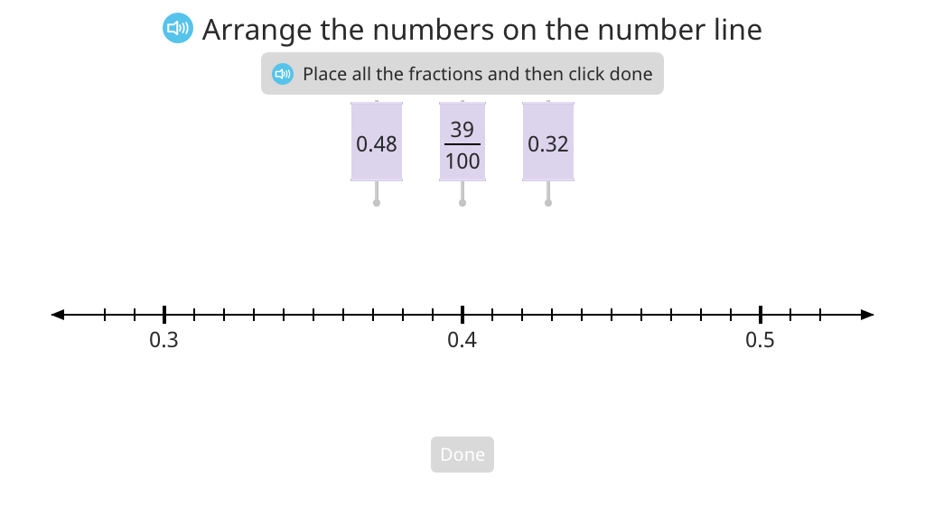 Order decimals, fractions, and decimal numbers in unit form in a double inequality statement based on a number line