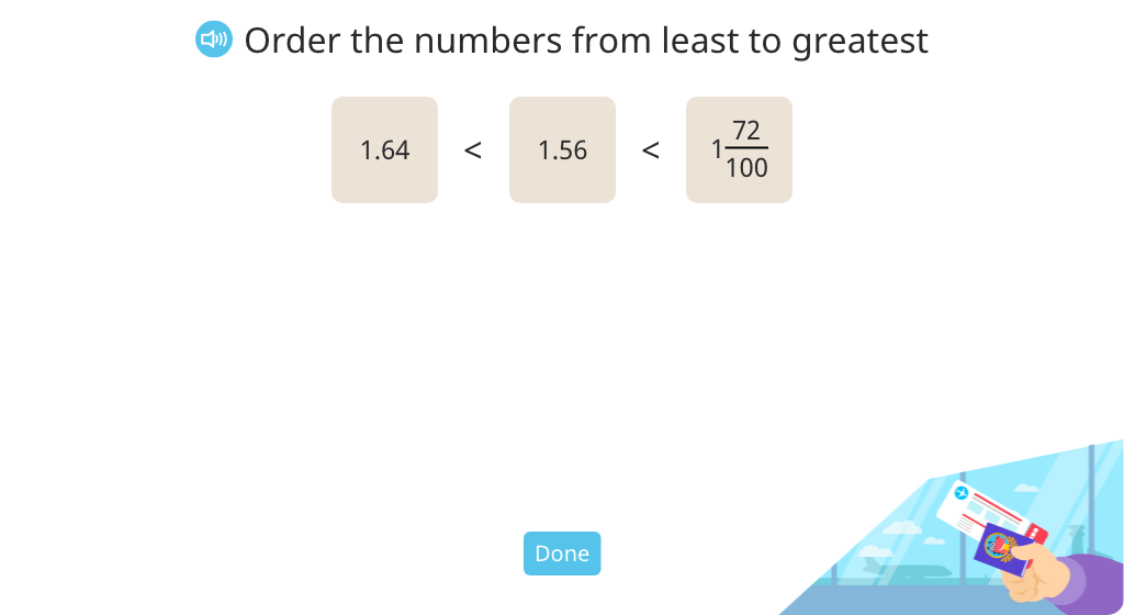 Order decimals, mixed numbers, and decimal numbers in unit form in a double inequality statement