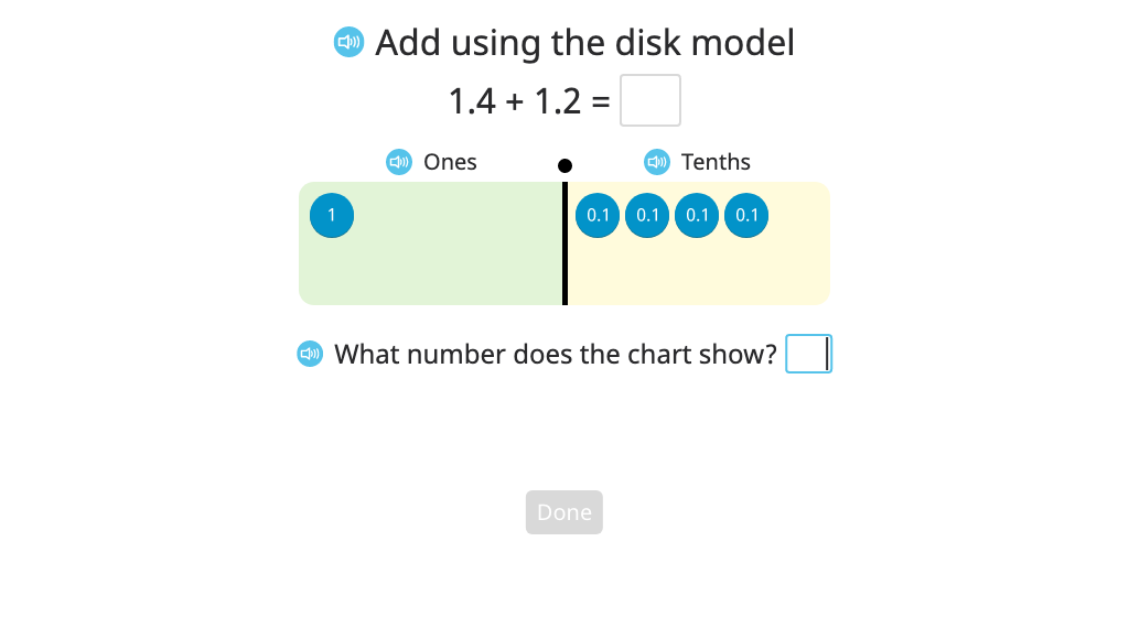 Add numbers to the hundredths place with regrouping using a disk model