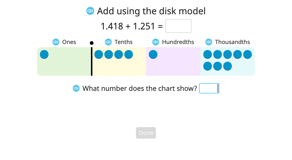 Add numbers to the thousandths place with regrouping using a disk model