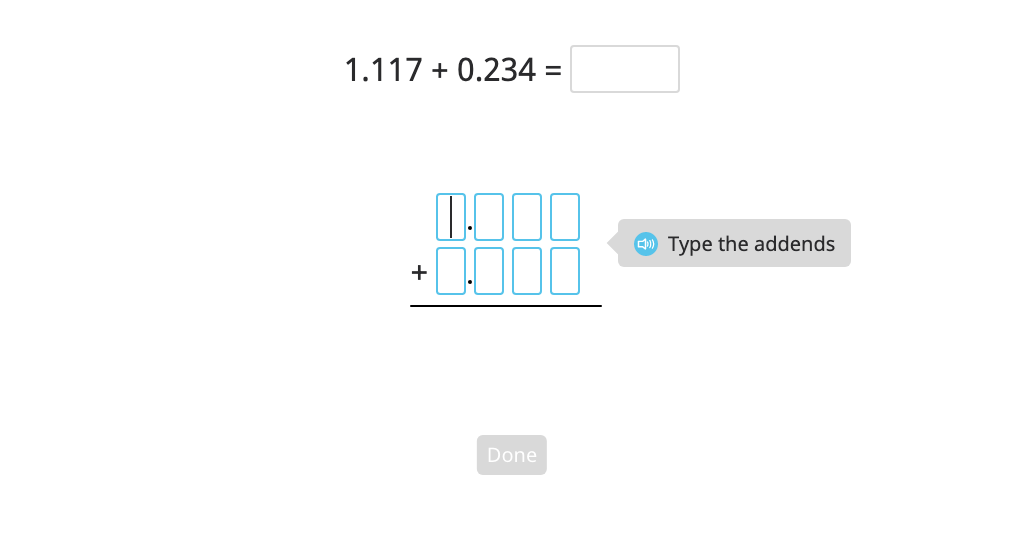 Add numbers to the thousandths place with regrouping using column addition and a disk model