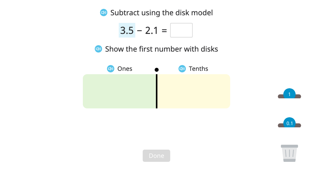 Subtract numbers to the hundredths place with regrouping using a disk model