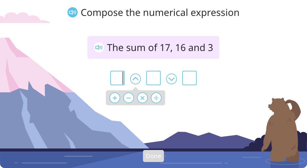 Compose addition and multiplication expressions with multiple addends or factors