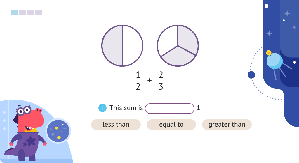 Compare fractions with unlike denominators to 1/2 to estimate the sum