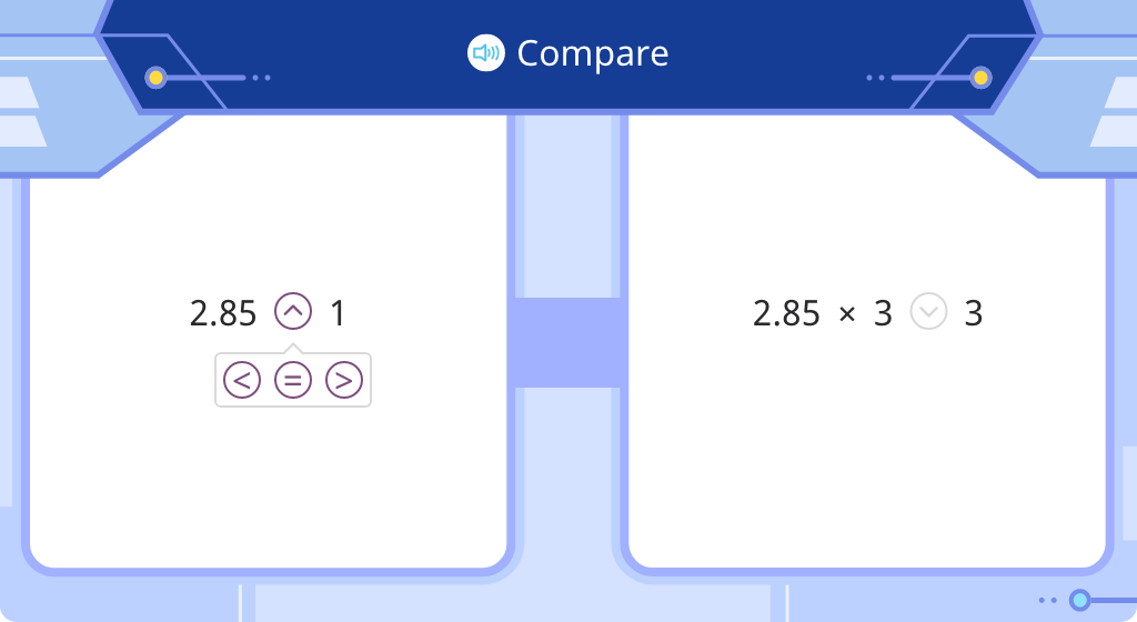 Compare a product to one of its factors in expressions with decimal numbers (Level 1)