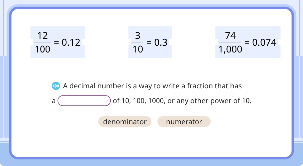 Convert proper fractions to decimals (Level 1)