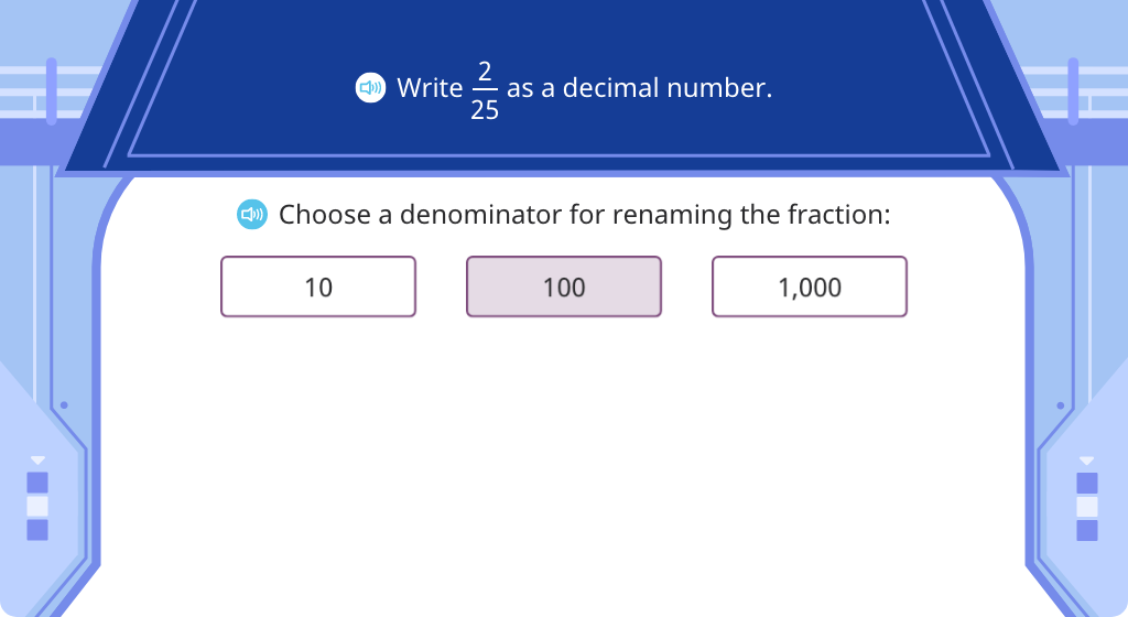 Convert proper fractions to decimals (Level 2)