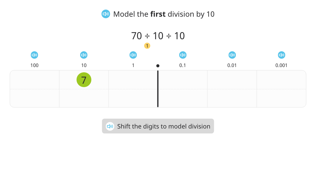 Divide a decimal number by 100 with and without a place value chart