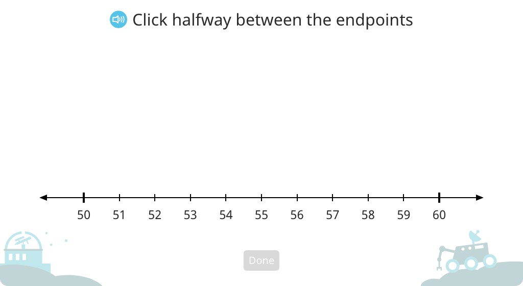 Determine the halfway point between tens on a number line (Level 2)