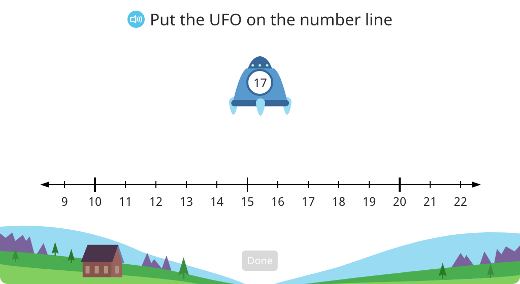 Determine whether a given number is greater or less than the halfway point between tens on a number line