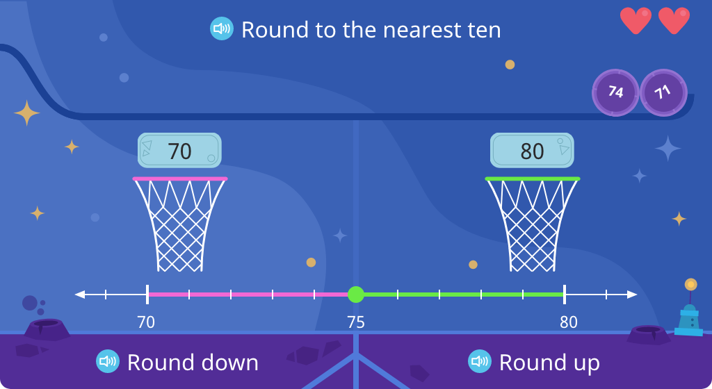 Determine whether a given number rounds up or down to the nearest ten (Level 1)