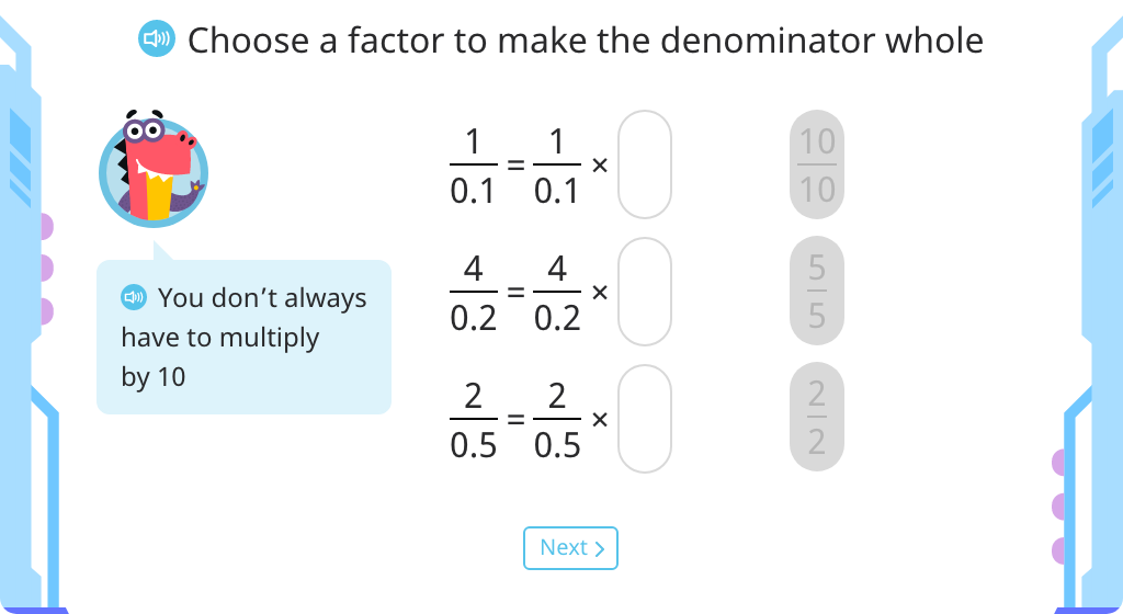 Convert fractions with decimal denominators to fractions with whole number denominators (Level 4)