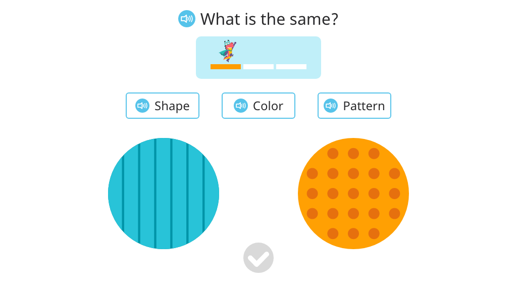 Identify whether shape, color, or pattern is the same among two objects