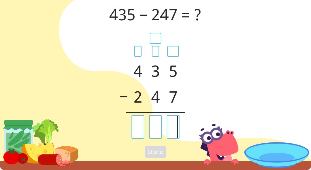 Subtract 3-digit numbers using the standard algorithm with regrouping (Level 4)