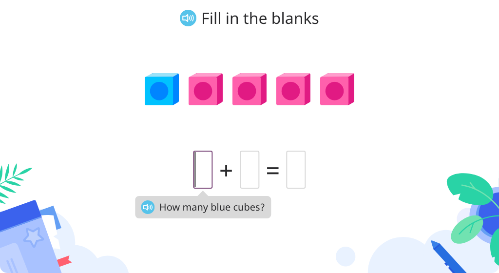 Solve addition equations to 5 based on a model of cubes