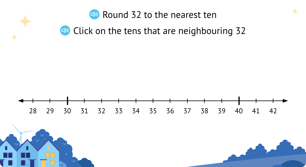 Round to the nearest ten and learn the language "round up" or "round down."