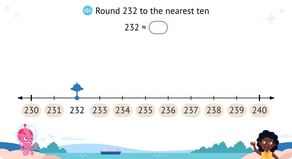 Round to the nearest ten using the language "round up" or "round down."