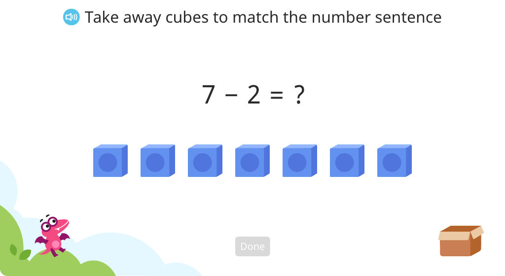 Take away cubes to match and solve a subtraction equation