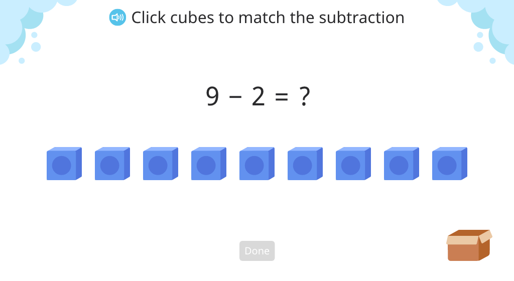 Use cubes to model subtraction from 8, 9, and 10