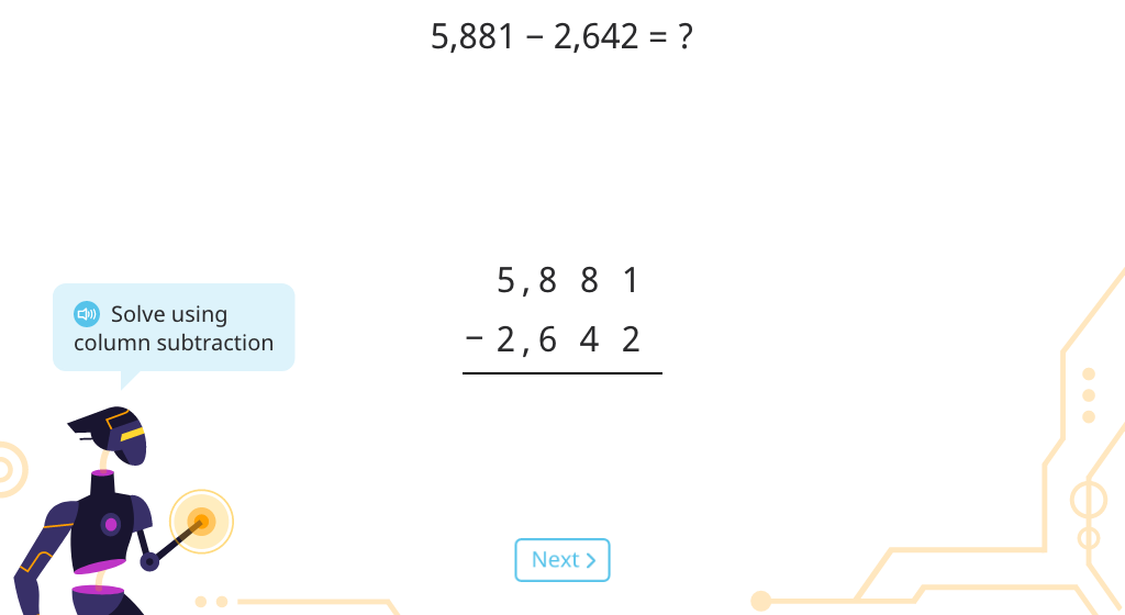 Solve 4-digit column subtraction with regrouping (Level 1)