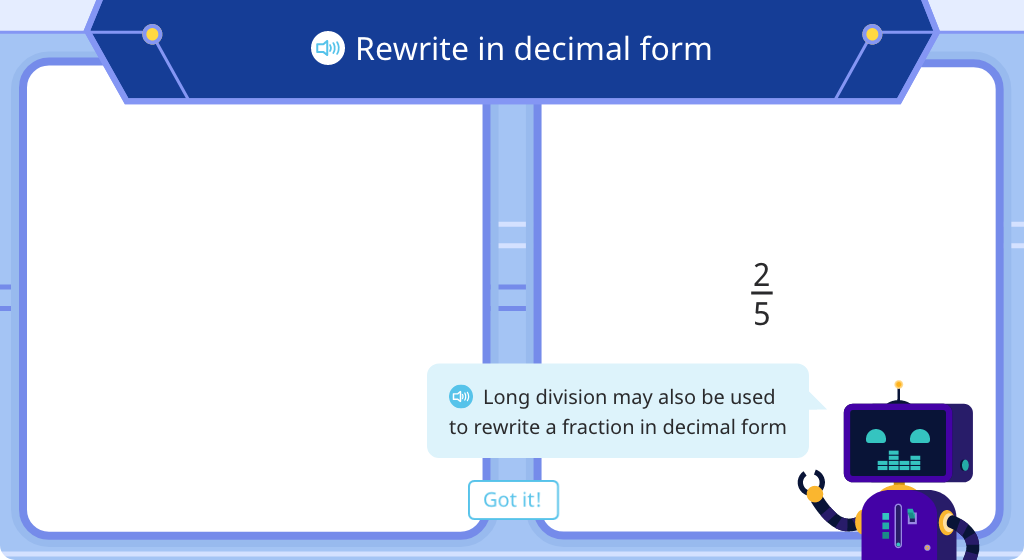 Convert proper fractions to decimals using long division