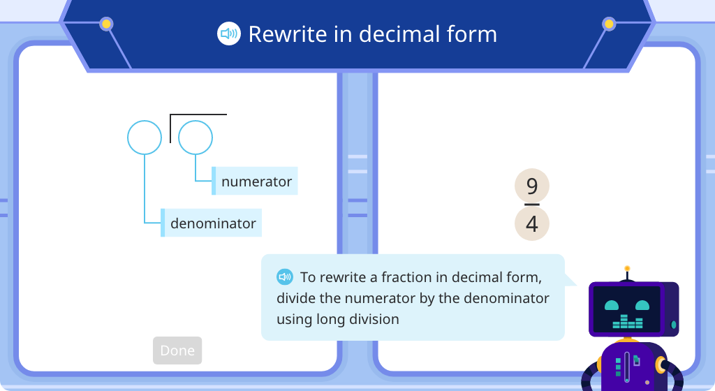 Convert improper fractions to decimals using long division