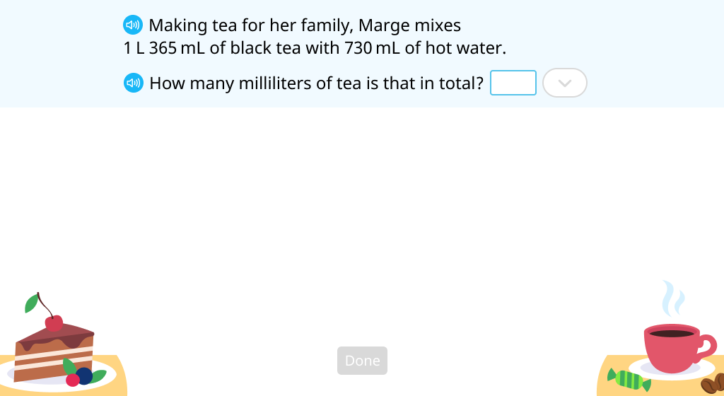 Solve a word problem by adding liquid volumes