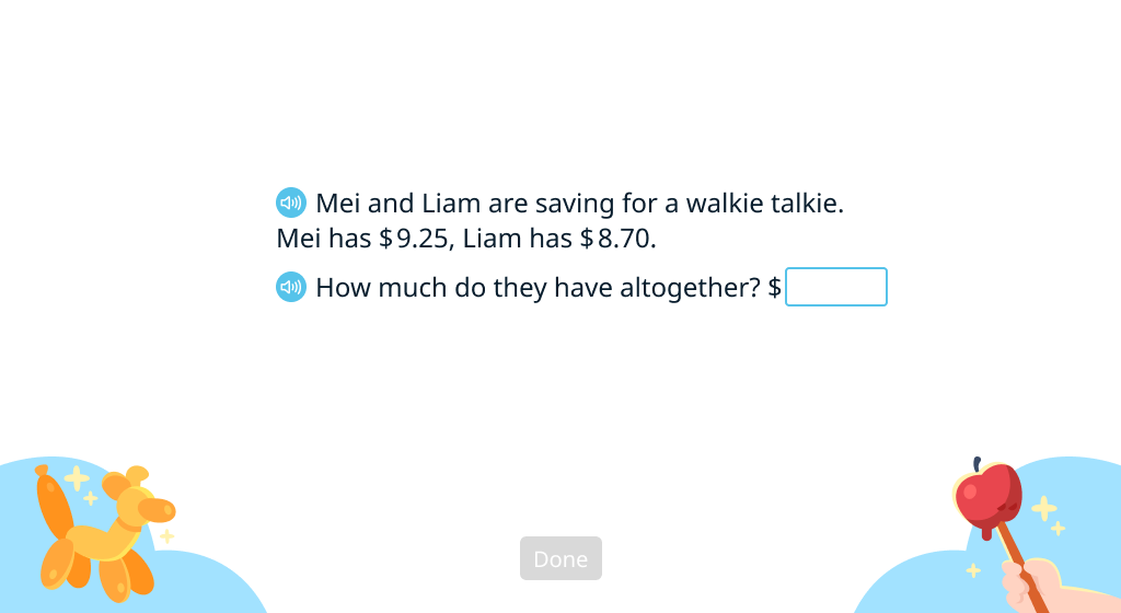 Solve one-step word problems with money (Level 1)